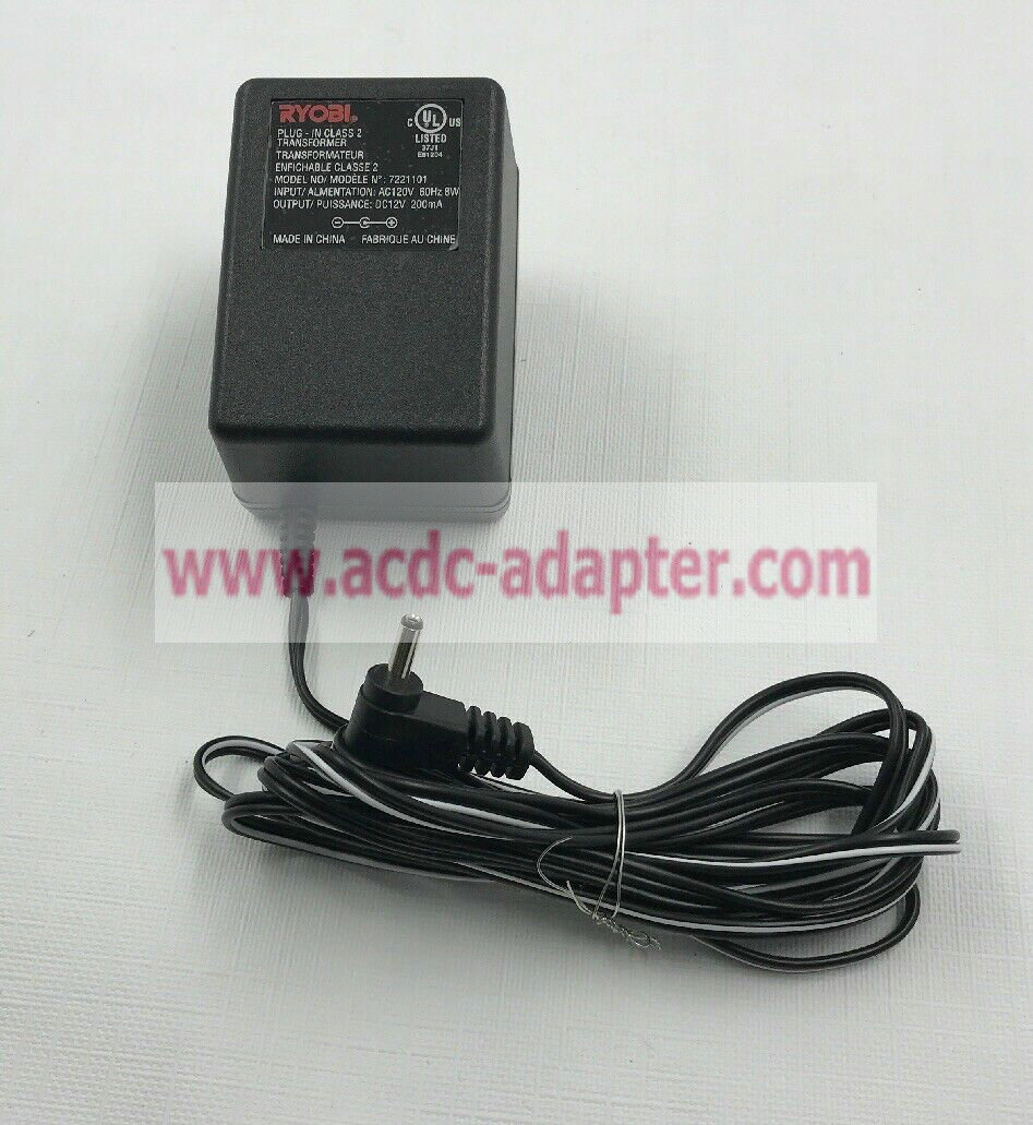 NEW Ryobi 7221101 12VDC 200mA Plug In Class 2 Power Supply Adapter NEW Ryobi 7221101 12VDC 200mA Plug In Class 2 Power Supply Adapter